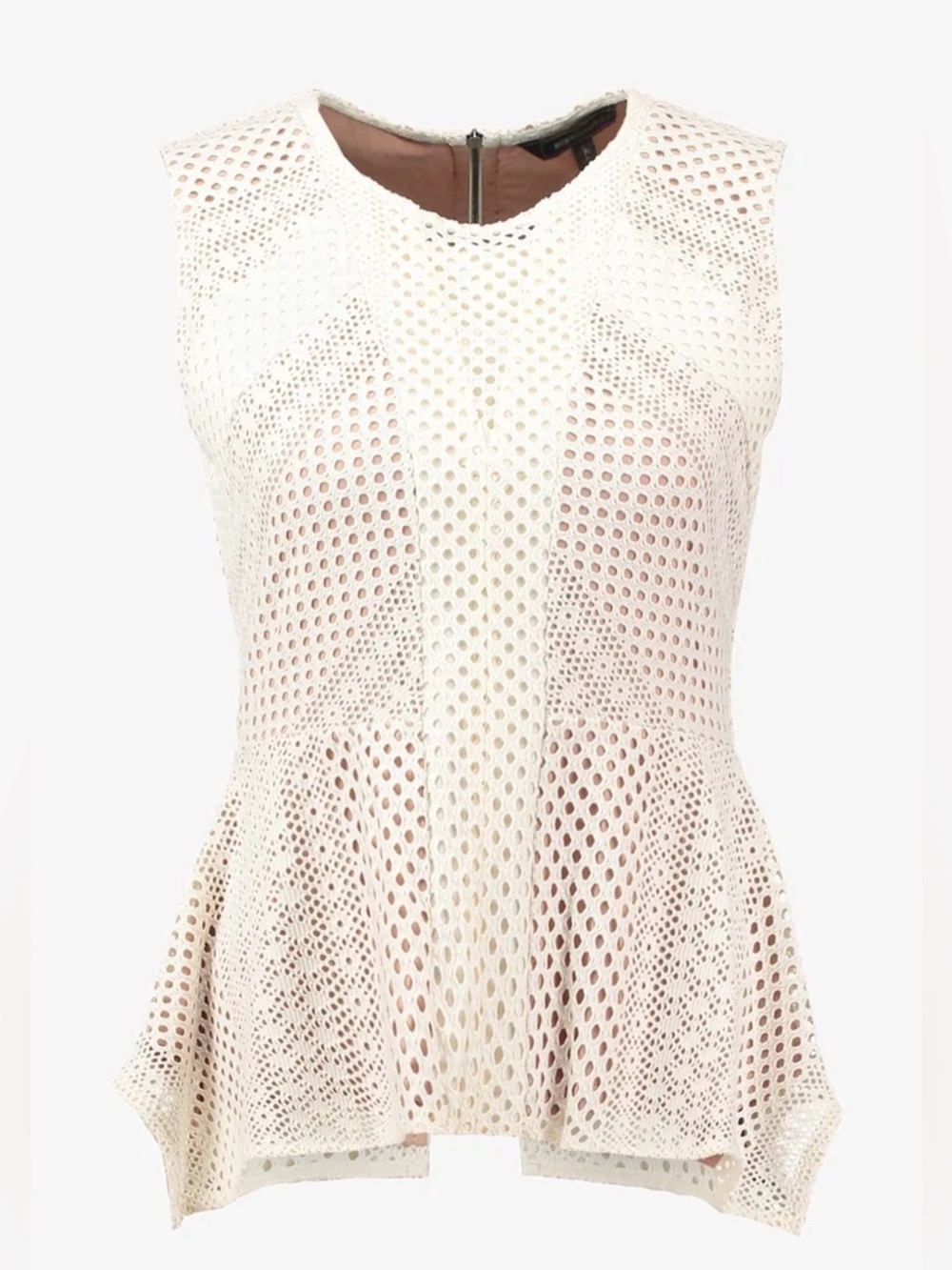 Oatmeal/Off-White Sleeveless Peplum Eyelet Top - Brand:BCBG Maxazria
